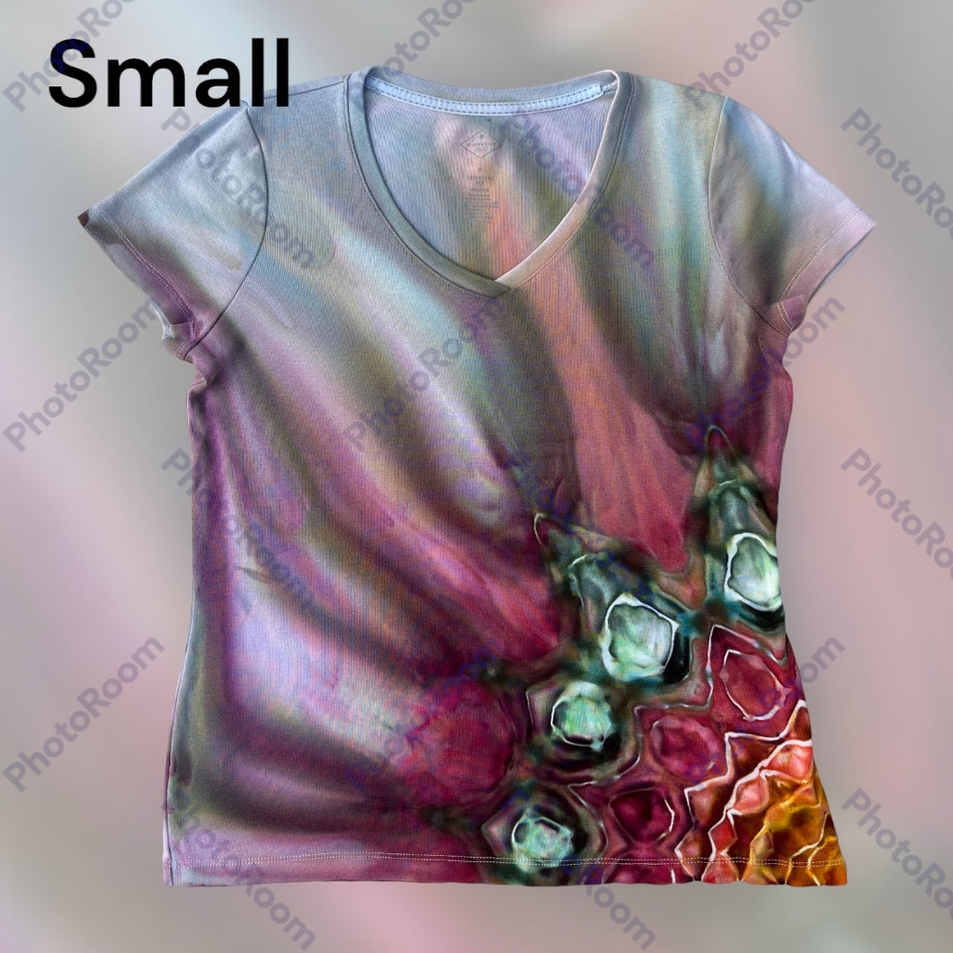 Ladies Small Vneck , mandala gravity tie dye