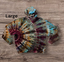 Load image into Gallery viewer, Large pullover hooded sweatshirt, sunburst tie dye design
