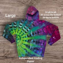 Load image into Gallery viewer, Large zipper hooded sweatshirt, sunburst tie dye
