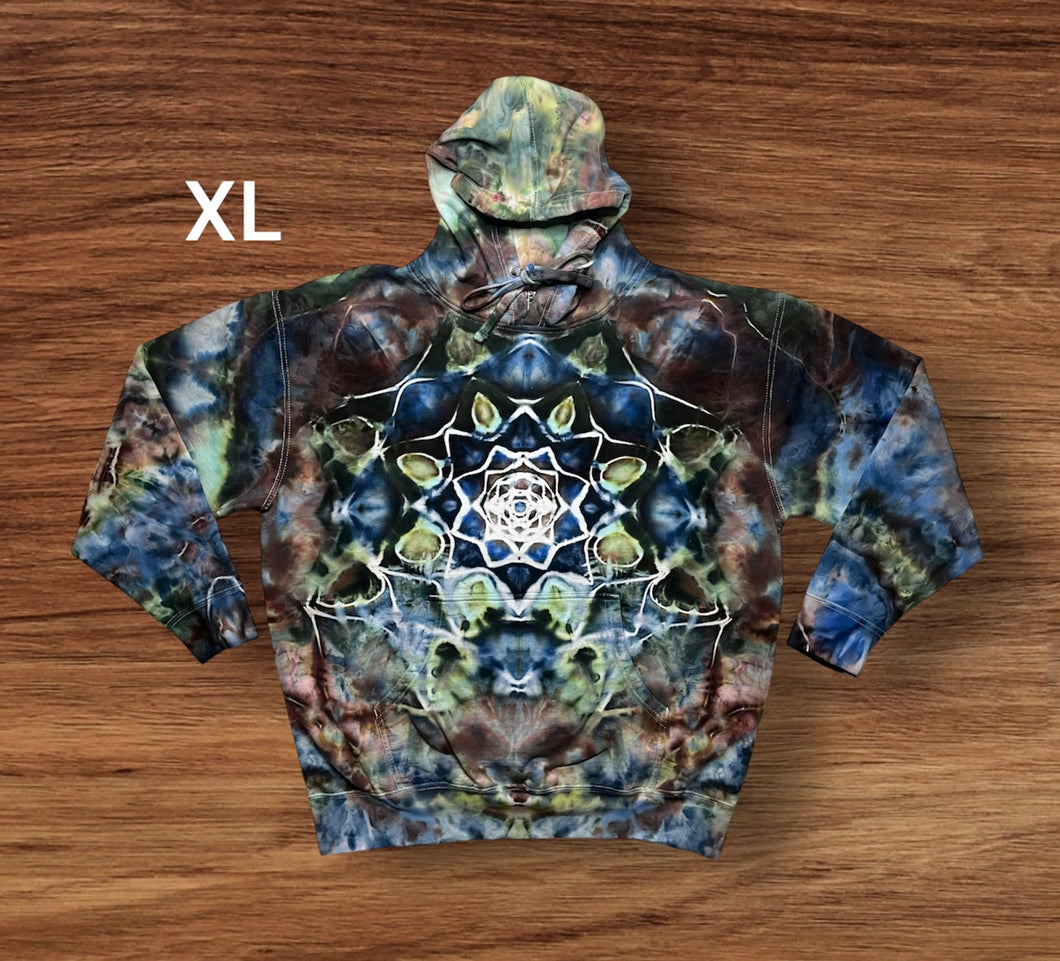 XL hooded  pullover sweatshirt, mandala tie dye design