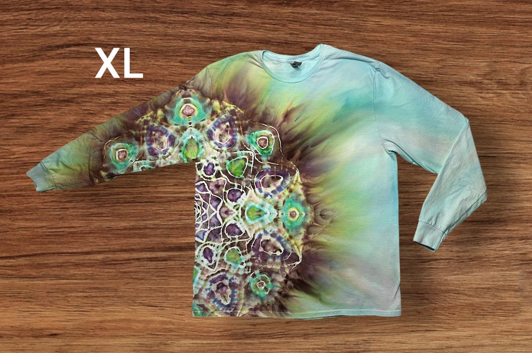 XL long sleeve Tshirt,  gravity mandala tie dye design