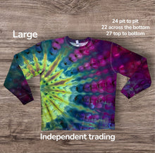 Load image into Gallery viewer, Large crew neck sweatshirt, sunburst tie dye
