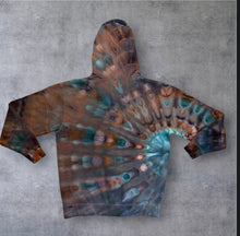 Load image into Gallery viewer, Large zipper hooded sweatshirt, sunburst tie dye
