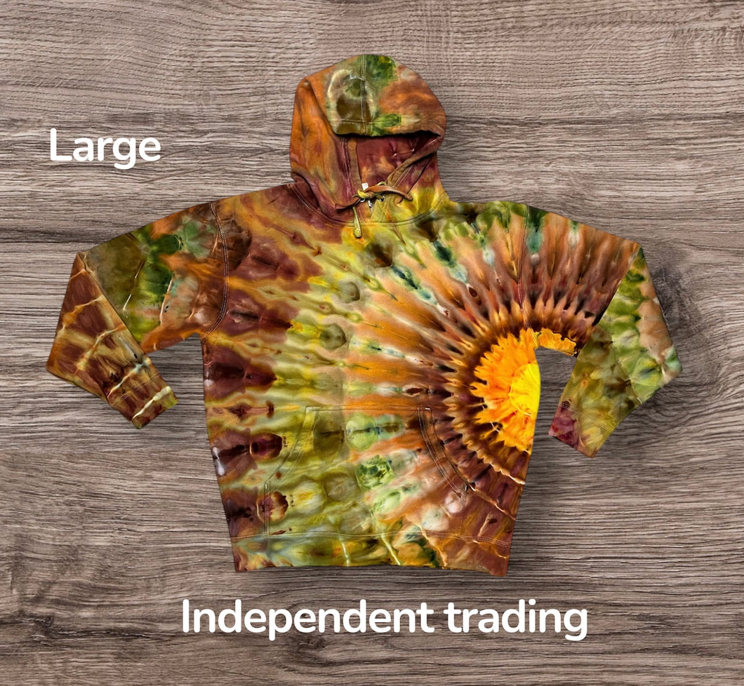 Large pullover hooded sweatshirt, sunburst tie dye design