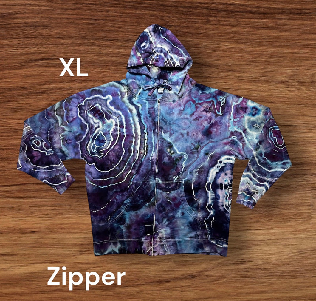 XL zipper hooded sweatshirt, geode tie dye