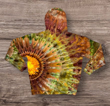 Load image into Gallery viewer, Large pullover hooded sweatshirt, sunburst tie dye design
