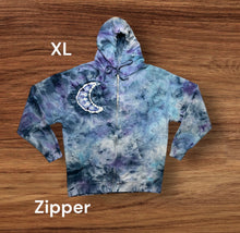 Load image into Gallery viewer, Adult XL zipper hooded sweatshirt, moon/mandala tie dye
