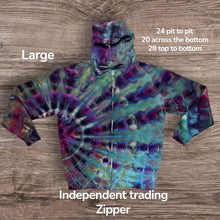 Load image into Gallery viewer, Large zipper hooded sweatshirt, sunburst tie dye
