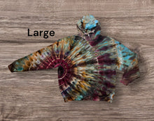 Load image into Gallery viewer, Large pullover hooded sweatshirt, sunburst tie dye design
