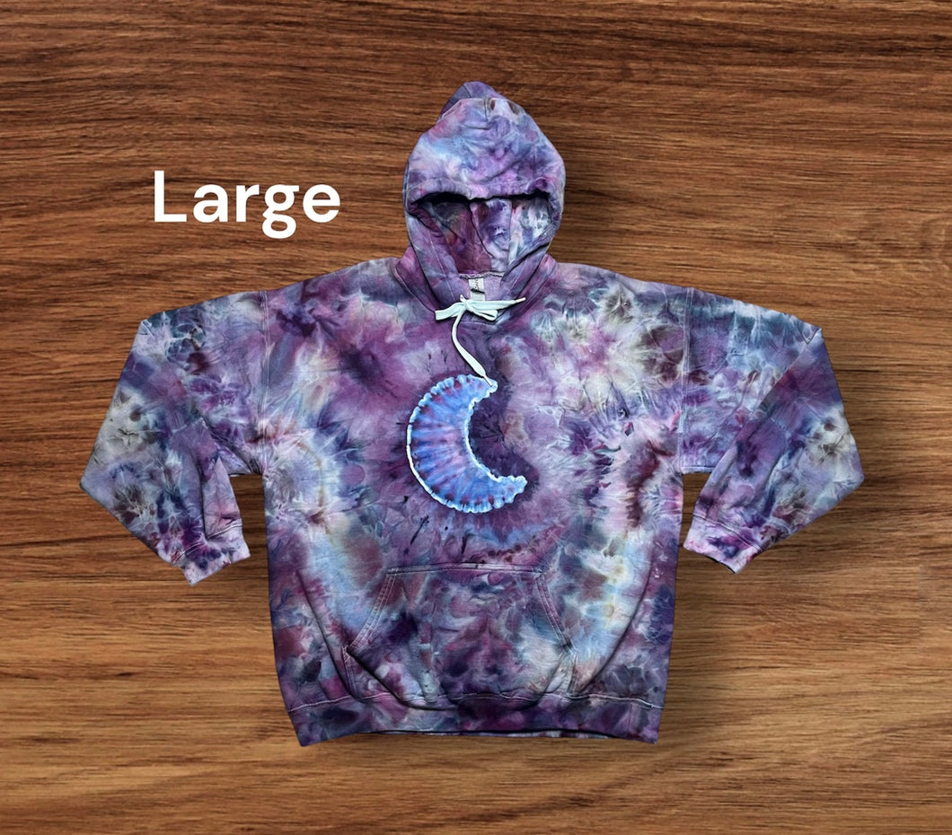 Adult Large pullover hooded sweatshirt, moon and mandala tie dye