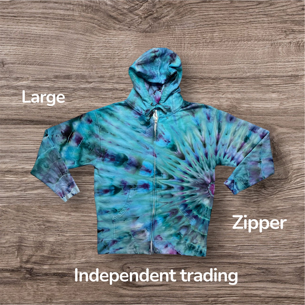 Large zipper hooded sweatshirt, sunburst tie dye