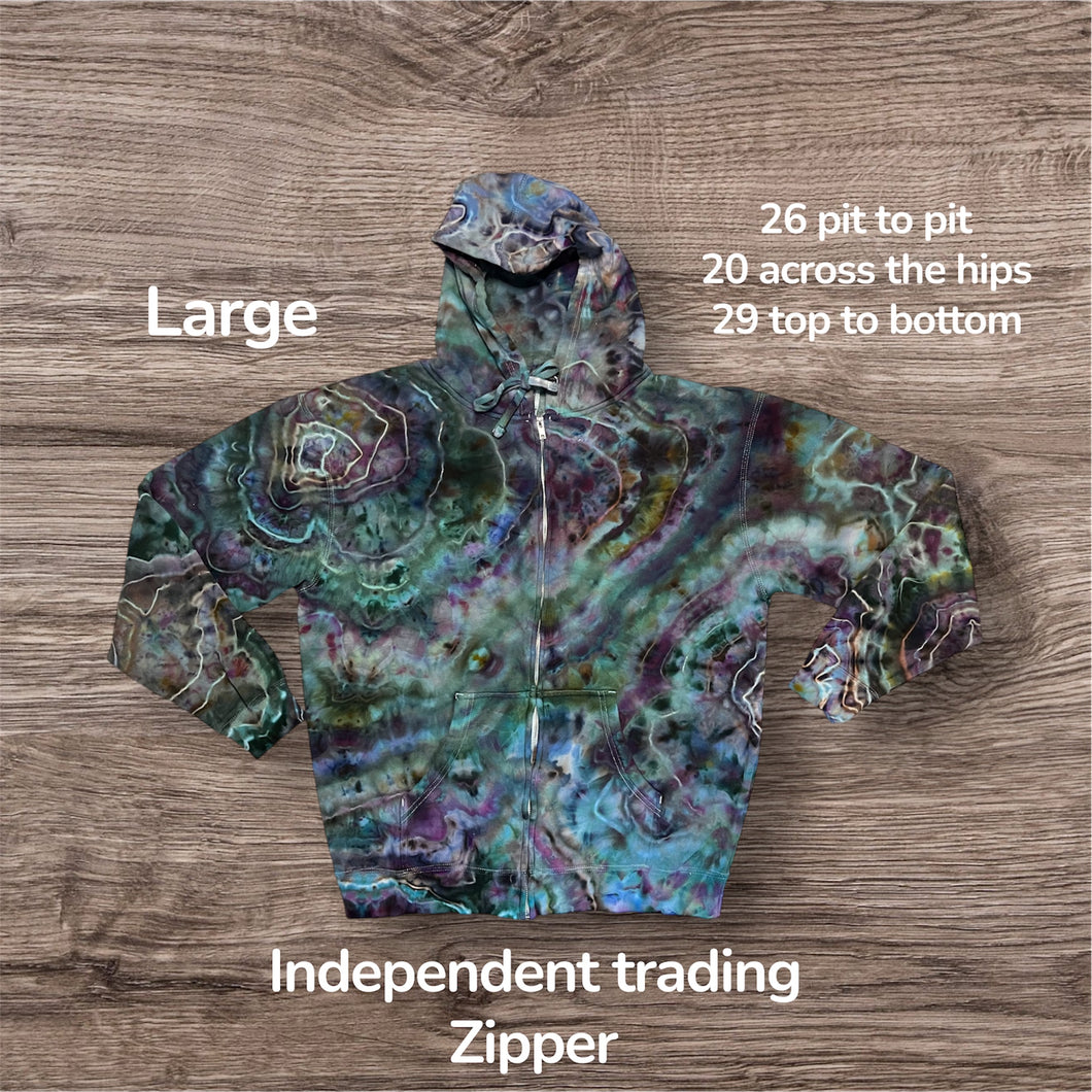 Large zipper hooded sweatshirt, geode tie dye