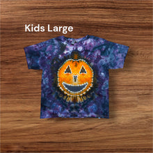 Load image into Gallery viewer, Kids Large Tshirt, pumpkin and moon tie dye
