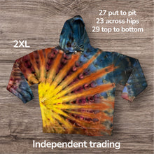 Load image into Gallery viewer, 2XL pullover hooded sweatshirt, sunburst tie dye design
