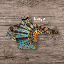 Load image into Gallery viewer, Large pullover hooded sweatshirt, sunburst tie dye design
