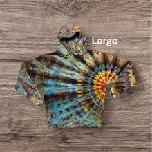 Load image into Gallery viewer, Large pullover hooded sweatshirt, sunburst tie dye design
