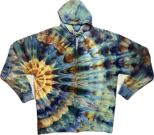 Load image into Gallery viewer, XL zipper hooded sweatshirt, sunburst tie dye
