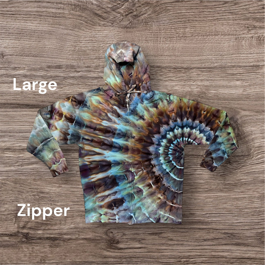 Large zipper hooded sweatshirt, sunburst tie dye