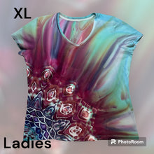 Load image into Gallery viewer, Ladies XL Vneck, mandala gravity tie dye
