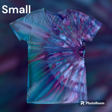 Load image into Gallery viewer, Adult Small Vneck Tshirt, sunburst gravity tie dye
