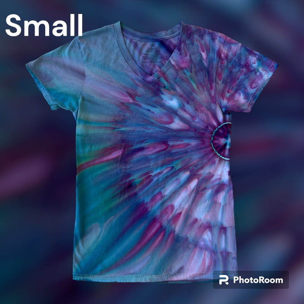 Adult Small Vneck Tshirt, sunburst gravity tie dye