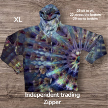 Load image into Gallery viewer, XL zipper hooded sweatshirt,  sunburst tie dye
