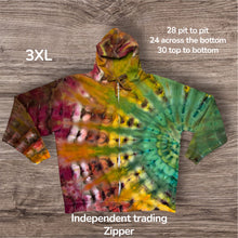 Load image into Gallery viewer, 3XL zipper hooded sweatshirt, sunburst tie dye
