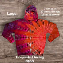 Load image into Gallery viewer, Large zipper hooded sweatshirt, sunburst tie dye
