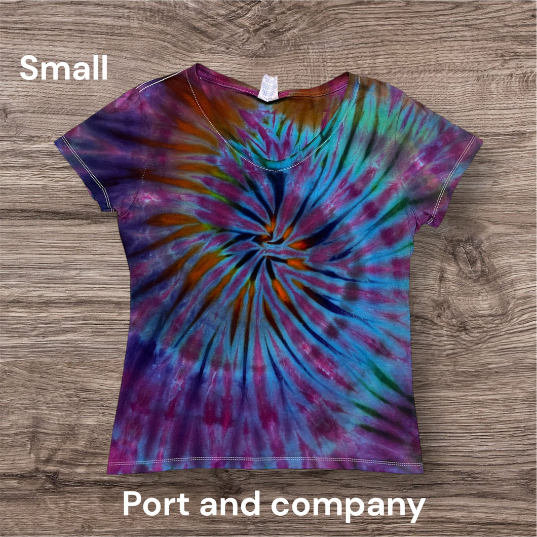 Ladies Small Vneck , spiral  tie dye