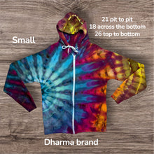 Load image into Gallery viewer, Small hooded zipper sweatshirt, sunburst tie dye
