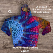 Load image into Gallery viewer, XL zipper hooded sweatshirt,  sunburst tie dye
