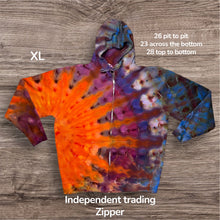 Load image into Gallery viewer, XL zipper hooded sweatshirt,  sunburst tie dye
