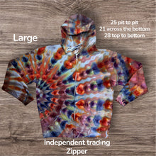 Load image into Gallery viewer, Large zipper hooded sweatshirt, sunburst tie dye
