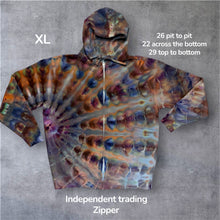 Load image into Gallery viewer, XL zipper hooded sweatshirt,  sunburst tie dye
