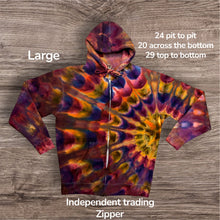 Load image into Gallery viewer, Large zipper hooded sweatshirt, sunburst tie dye
